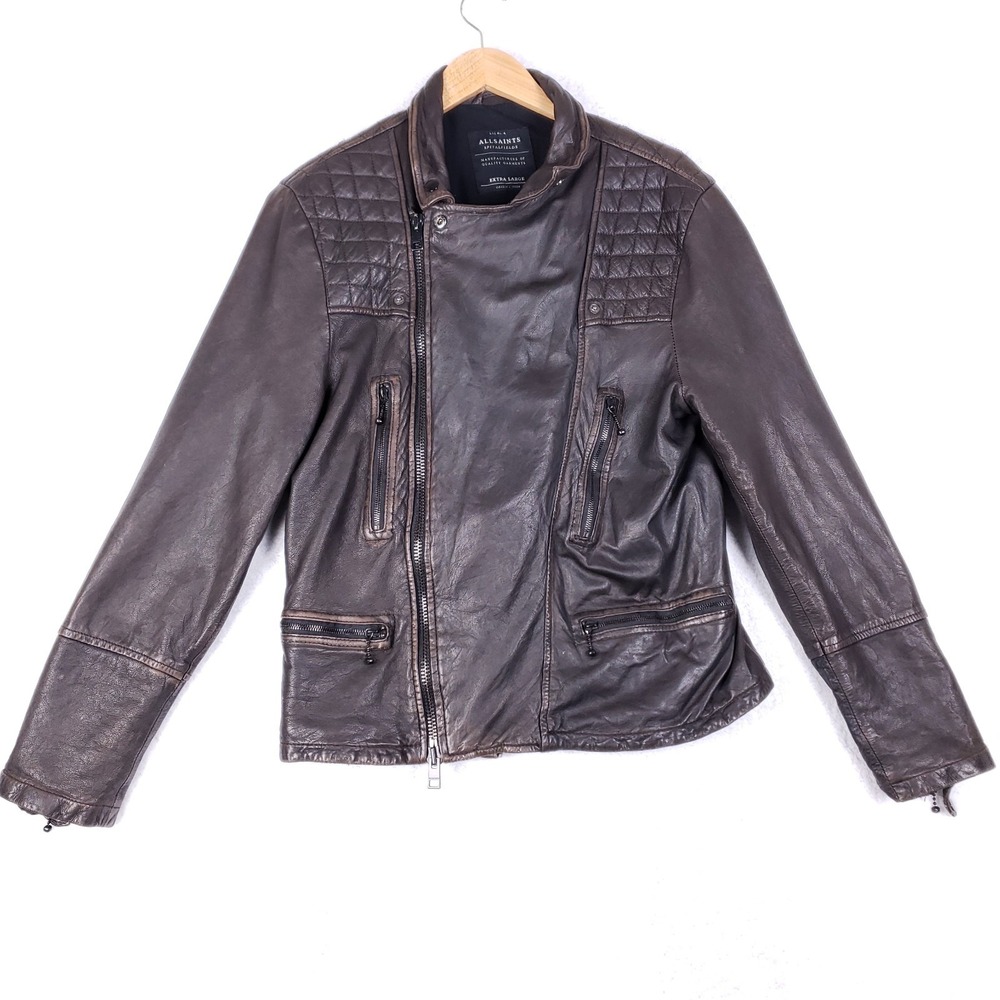 All Saints Spitalfields Quilted Leather Moto Jacket Brown XL Distressed Biker